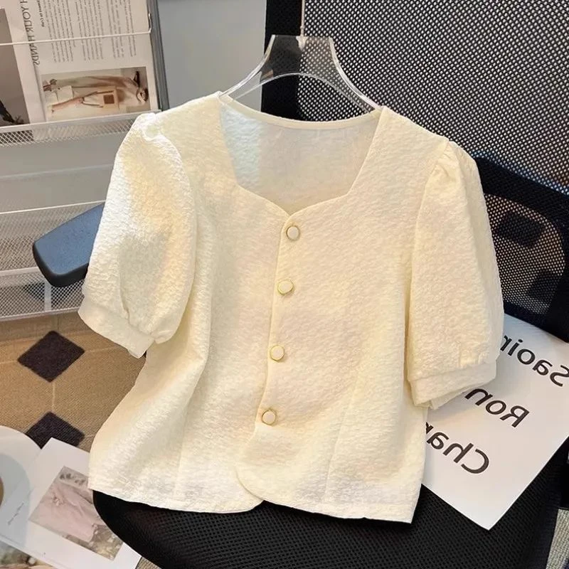 方领泡泡短袖女士感别致2025夏季新款宽松外穿开衫女恤短款上衣