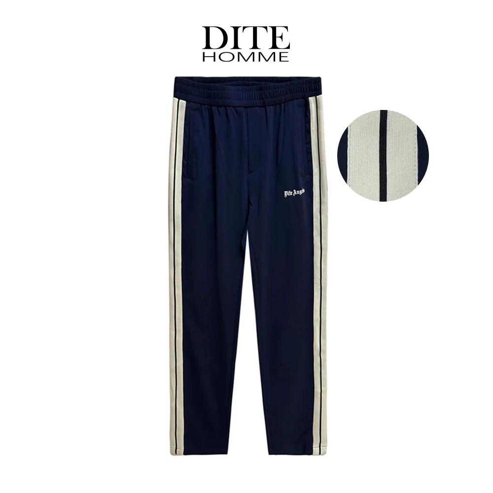 Dite迪特男士夏季薄款双边白条纹蓝色透气运动直筒百搭休闲裤经典