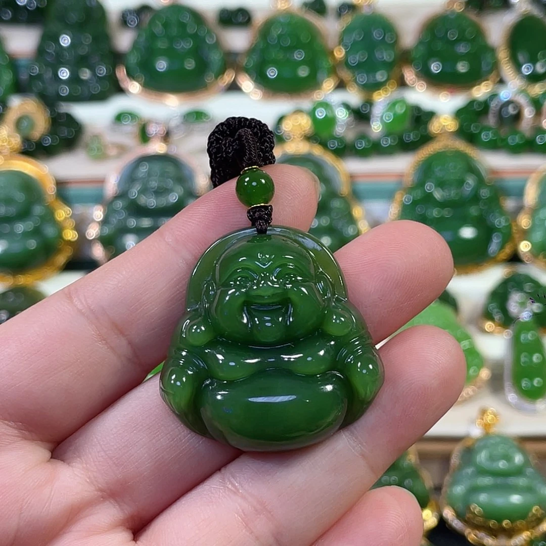 颈饰18K金镶嵌和田玉（碧玉）冰阳绿佛公35