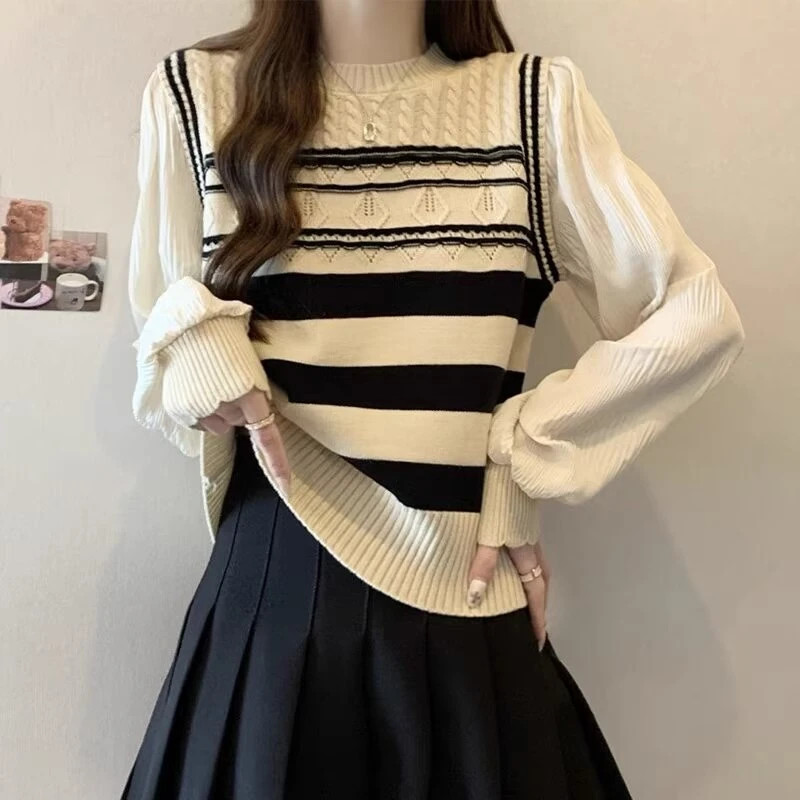 春游出行衣服KSS021拼色假两件针织衫大码女装长袖上衣套头衫显瘦