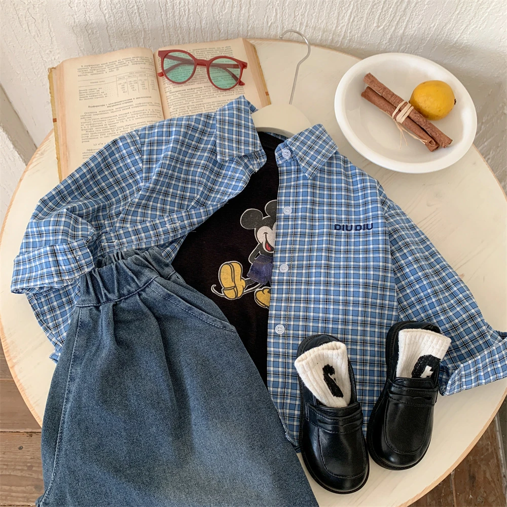 秋季新款韩版格子衬衫儿童男女童字母刺绣单排扣翻领春秋衬衣洋气