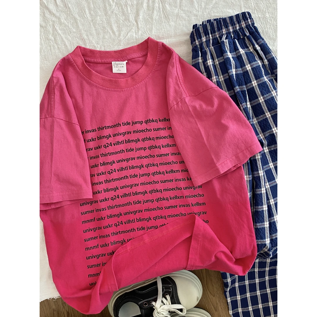 夏季休闲上衣字母印花渐变玫红色短袖美式潮牌宽松T恤女#T6422