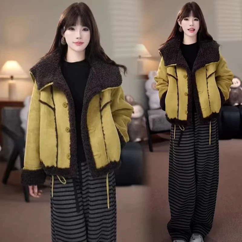 皮毛一体羊羔毛短外套女2025冬季新款高定时尚加厚保暖显瘦棉袄潮