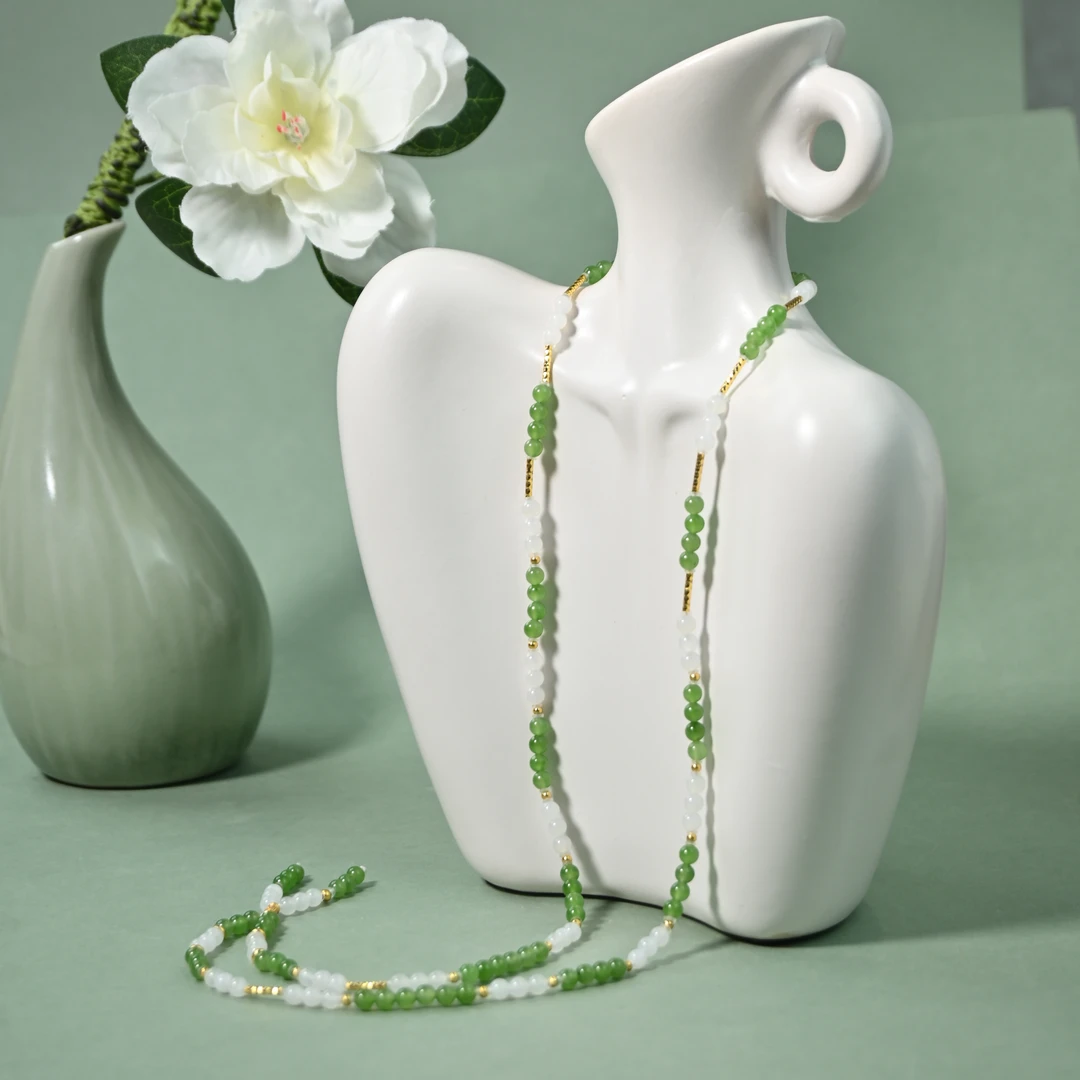 白沙设计【薄荷初雪】和田玉碧玉白玉典雅长项链4mm X0111