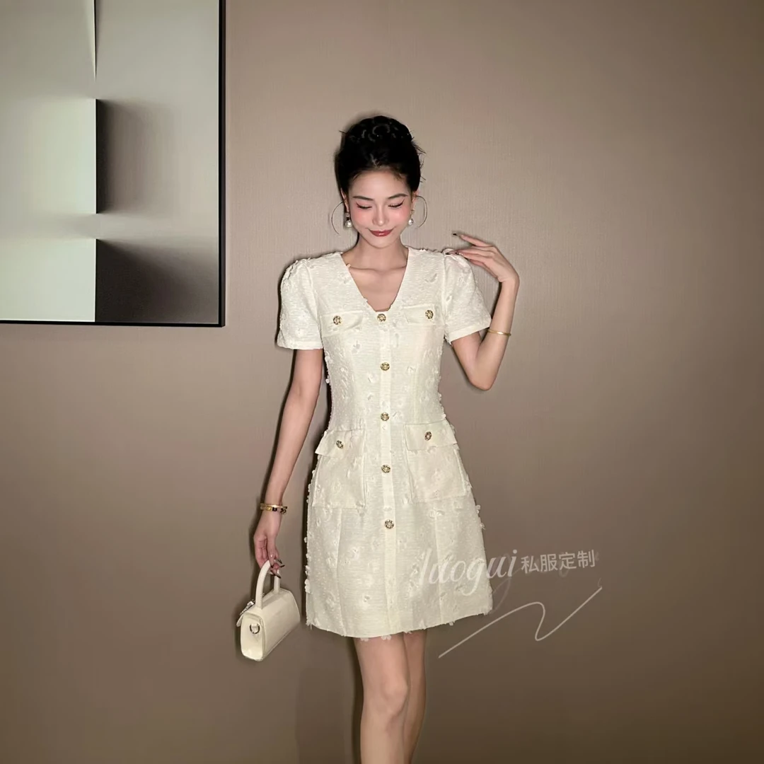 【花花原创】温柔连衣裙白色夏季修身短袖复古提花A字裙21756
