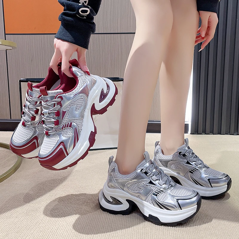 银色老爹鞋女春秋2025新款女鞋厚底增高显脚小休闲跑步运动鞋子