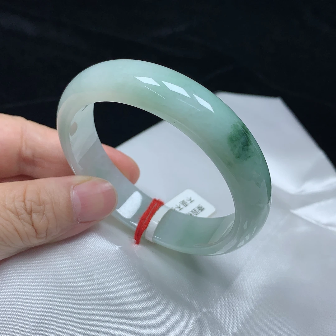 57宽边正圈飘花缅甸天然翡翠A货手镯少女时尚百搭平安玉镯无纹裂