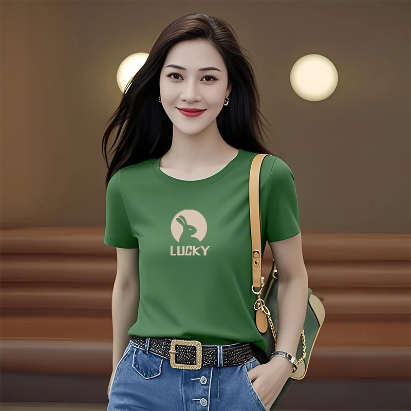 中年夏季新款短袖t恤女宽松圆领休闲冰丝上衣百搭显瘦时尚打底衫