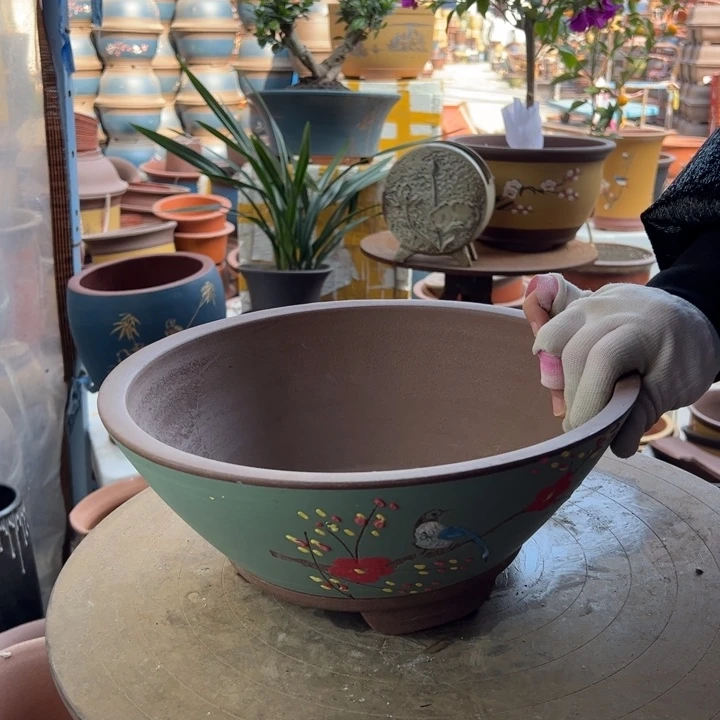 紫砂绿点彩斗盆大 口径31×13