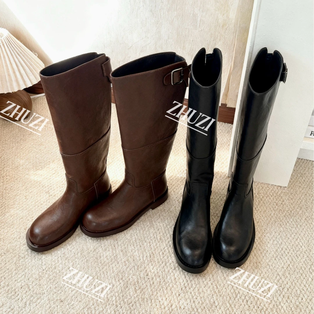 【竹子】腿粗大筒围真皮女靴胖mm秋冬氛围感小扣件设计时尚百搭9787