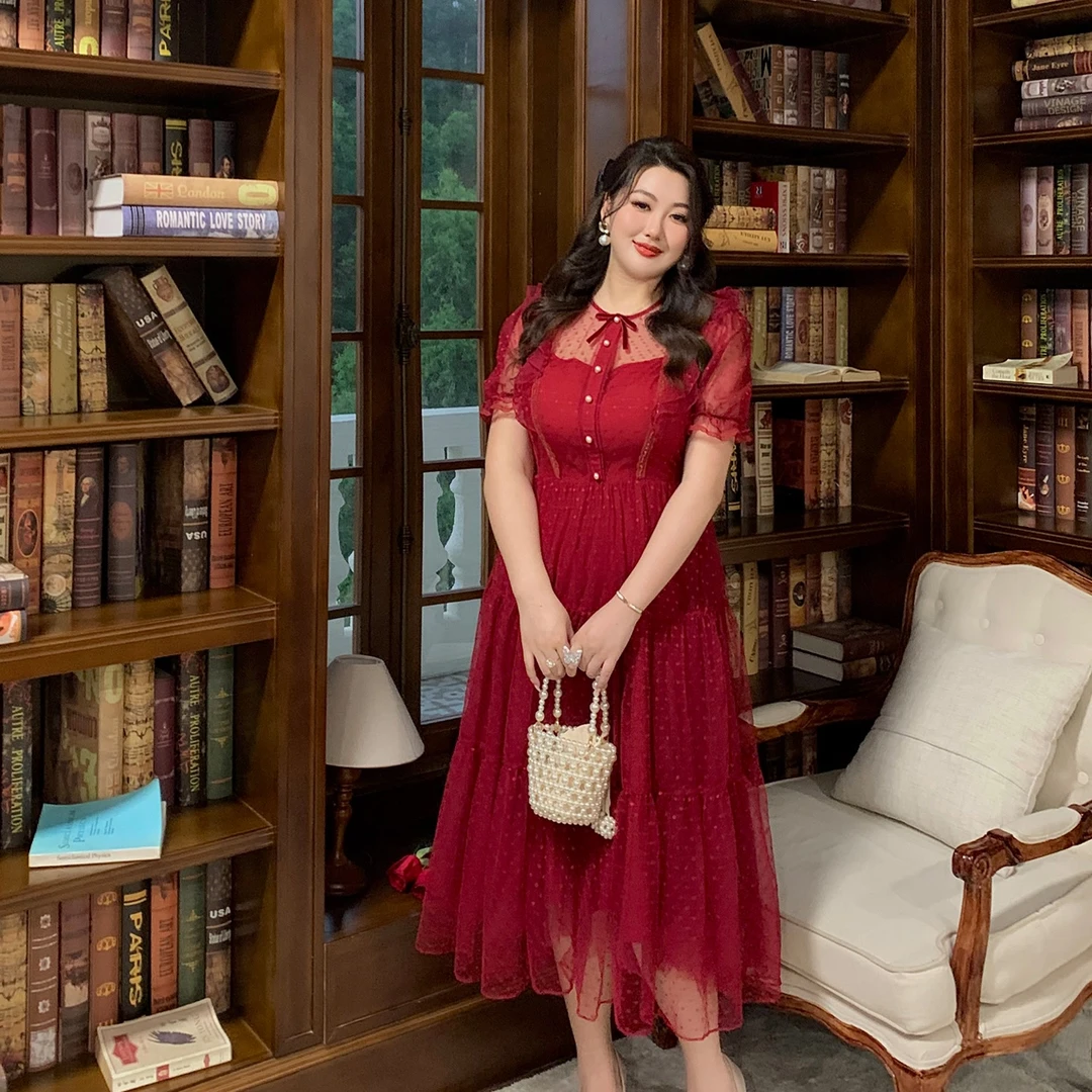 大码女装夏季新款重工轻奢复古礼服荷叶边波点GLEC大码女装G900A