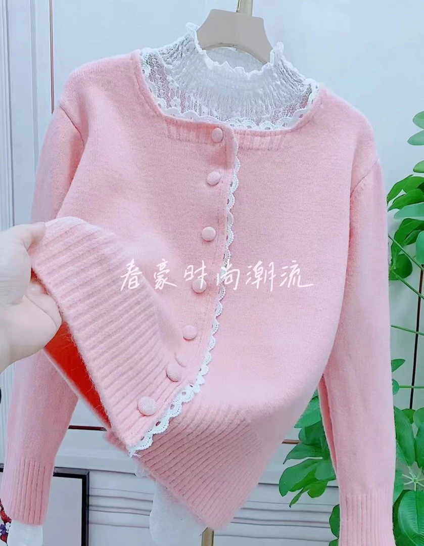 爆款蕾丝花边拼接针织甜美2025开衫温柔春季宽松洋气毛衣外套