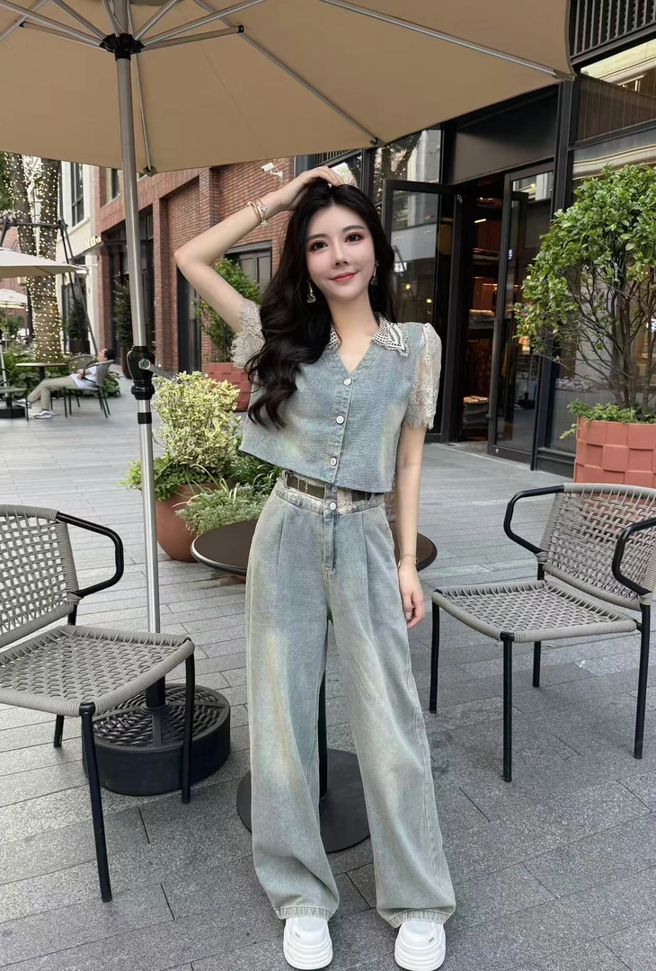 真真：夏季定制款 小个子洋气韩范牛仔设计款套装