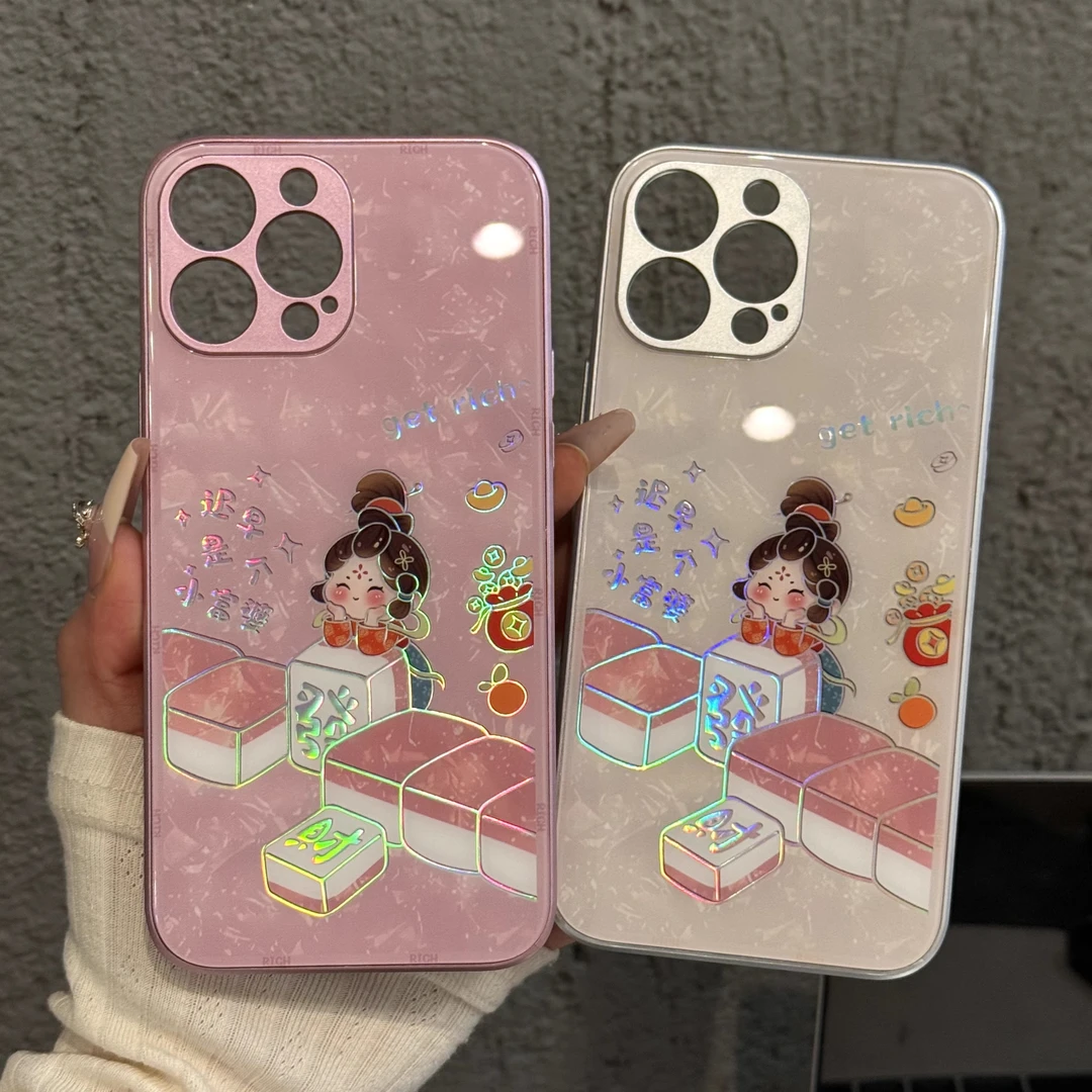 粉底小富婆麻将烫金玻璃适用苹果16Pro手机壳小米14华为vivooppo