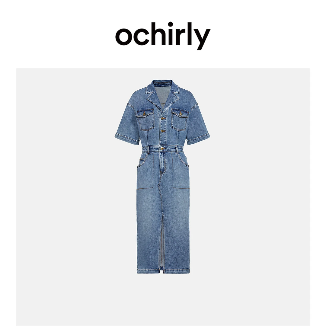 工装风短袖牛仔连衣裙OCHIRLY欧时力新款春装长裙休闲复古