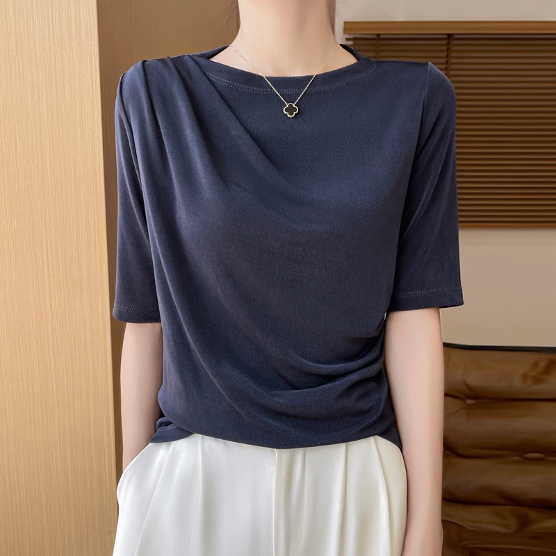 正品哥弟新款夏季一字领褶皱高级垂感短袖上衣醋酸气质T恤女薄款