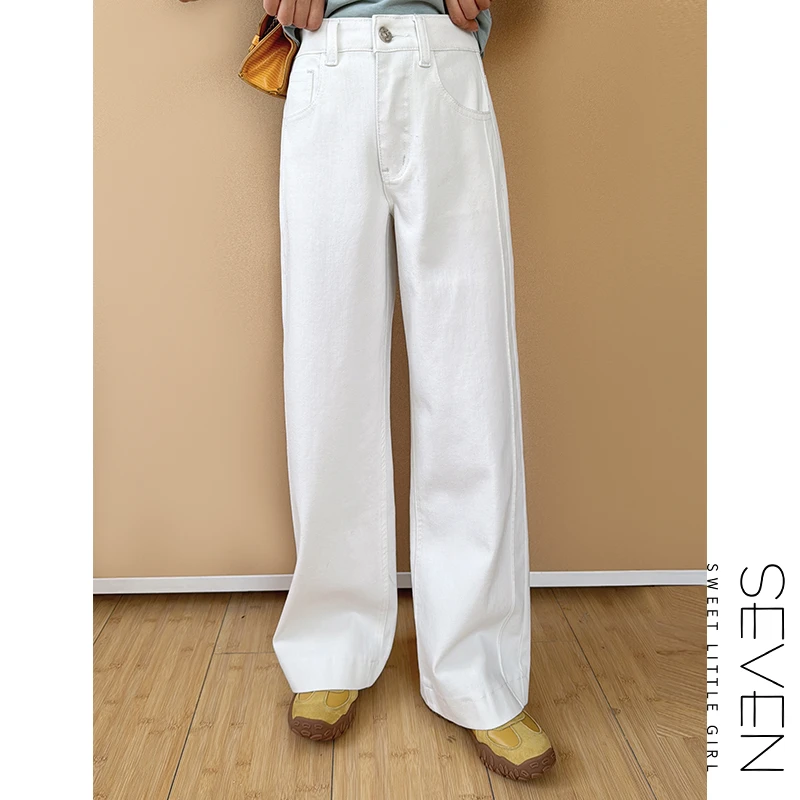 四面弹白牛③七七146小个子分割线设计白色高腰显瘦牛仔裤女小美说