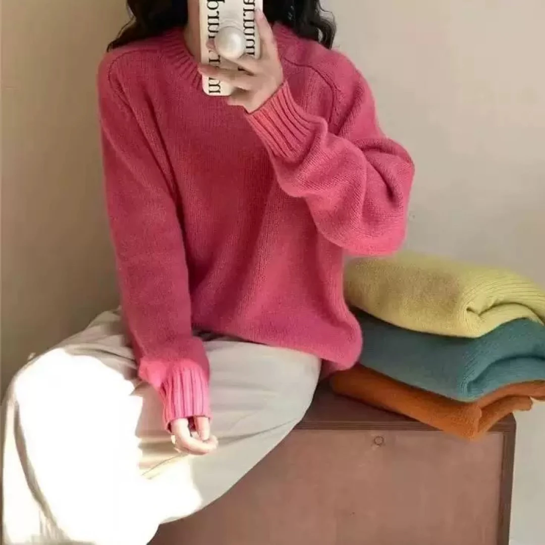树莓粉毛衣➕杏色糯米裤套装