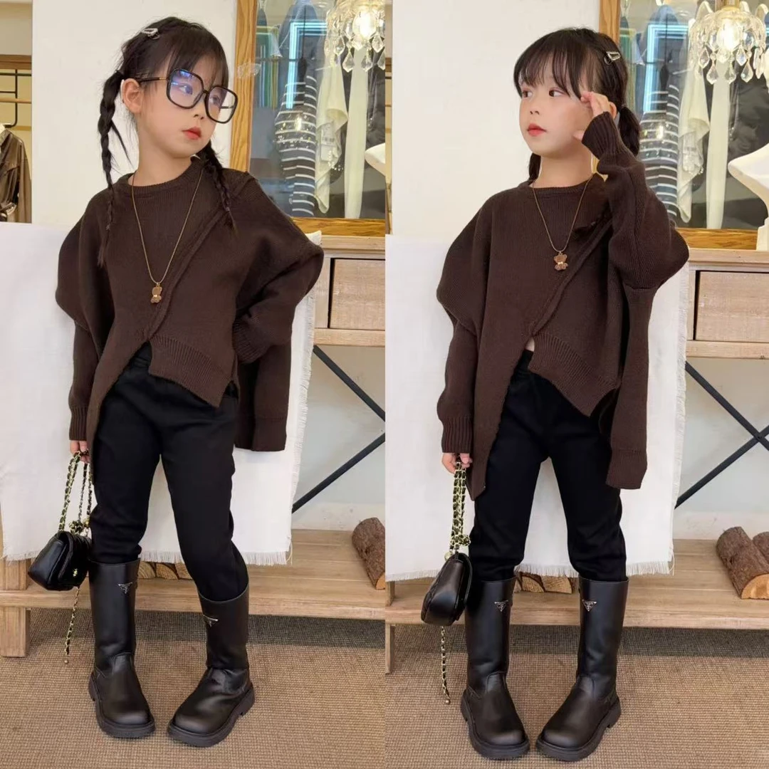 女童韩版不规则加厚毛衣秋冬套装2025新款儿童洋气加绒休闲裤套装