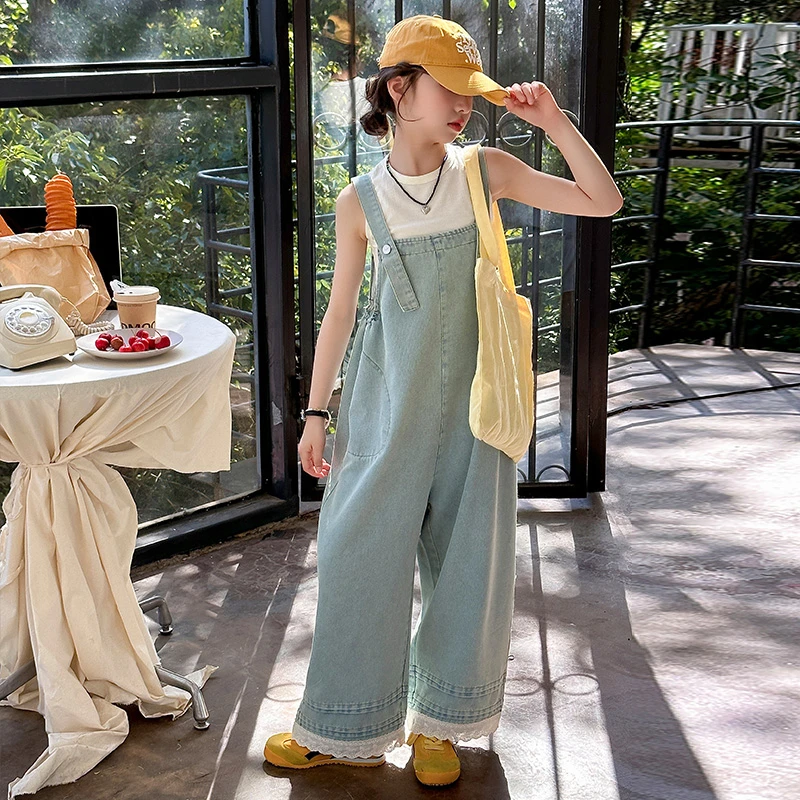 女童套装夏季2025新款儿童牛仔背带裤夏装洋气女大童百搭两件套潮