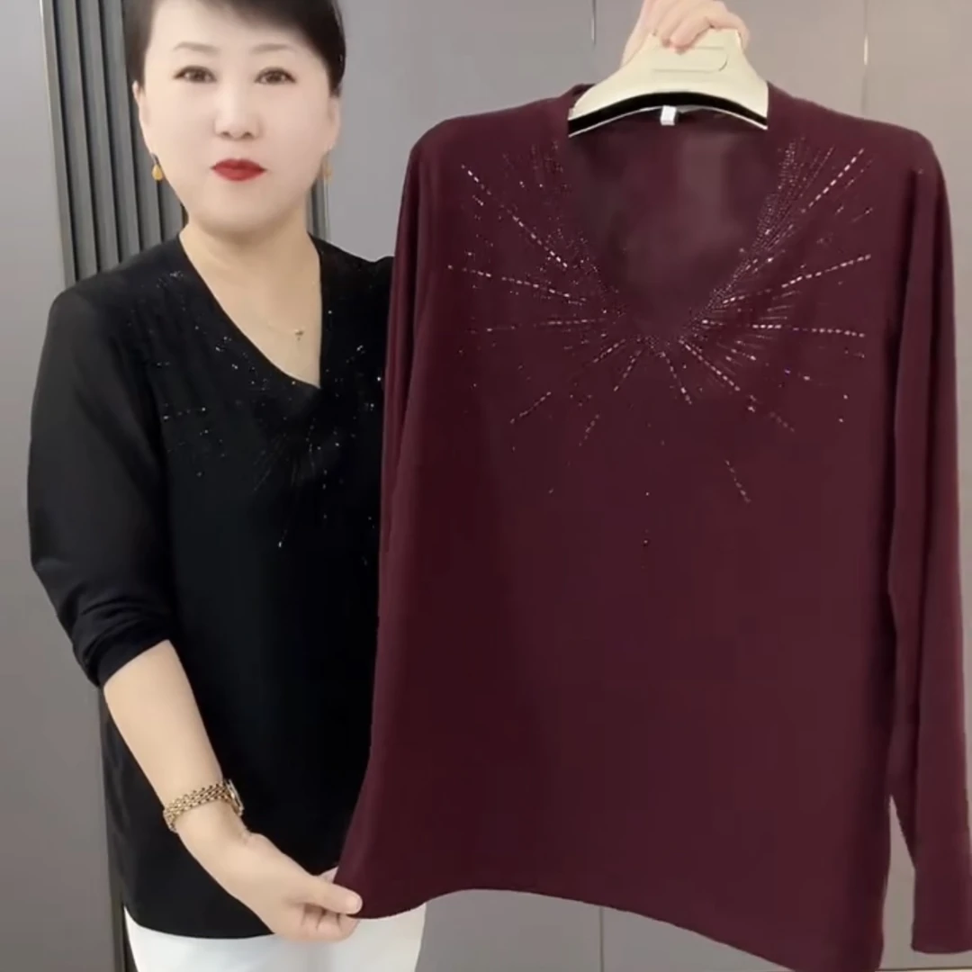 2977梵#大码时尚新款蕾丝V领北欧钻宽松气质春秋小衫