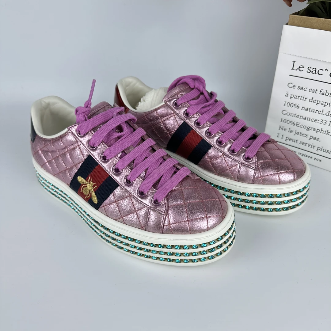 99新 GUCCI/古驰 粉色厚底满钻板鞋/34.5码