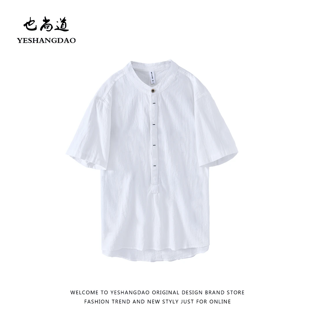 中国风国潮复古苎麻短袖衬衫男士休闲宽松夏布衣服透气棉麻T恤衫