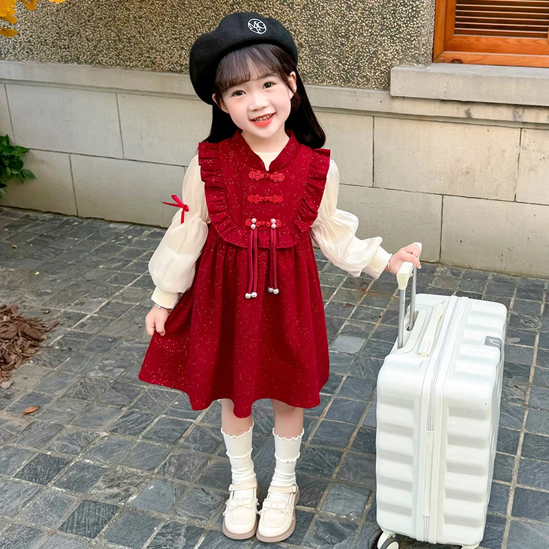 女童秋冬新中式红色洋气长袖加绒拜年服国风盘扣公主连衣裙儿童