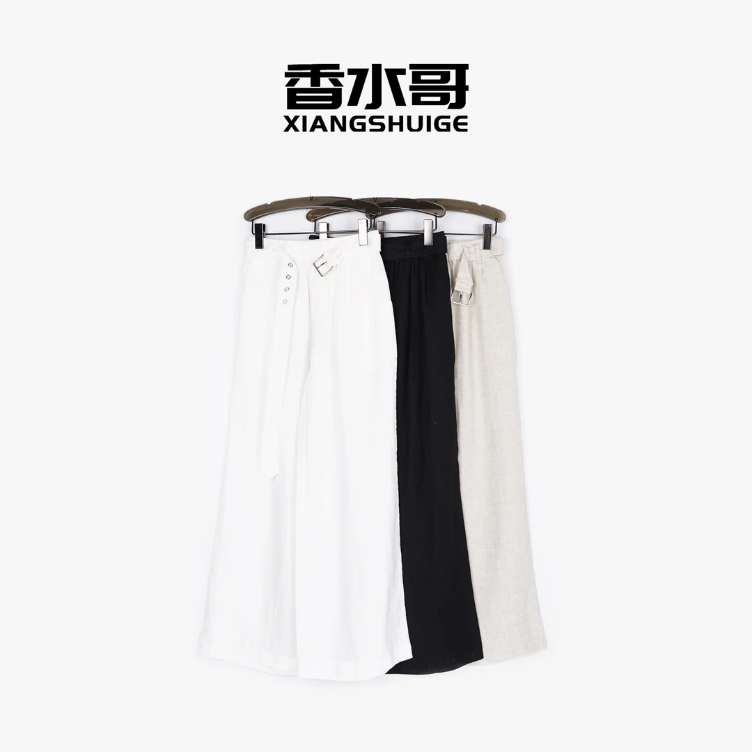 时尚纯色亚麻休闲裤2025夏季新品女士弹力松紧腰系带复古长裤
