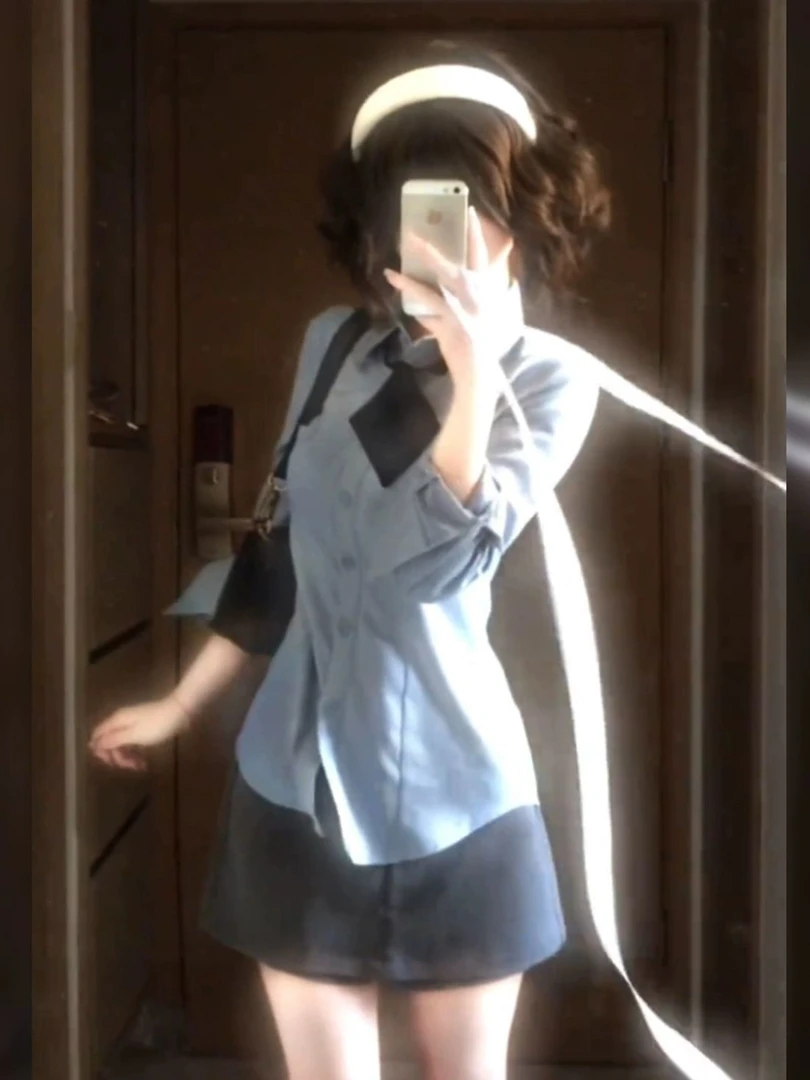 学院风气质修身收腰长袖衬衫短裙女装2025早秋新款时髦辣妹两件套