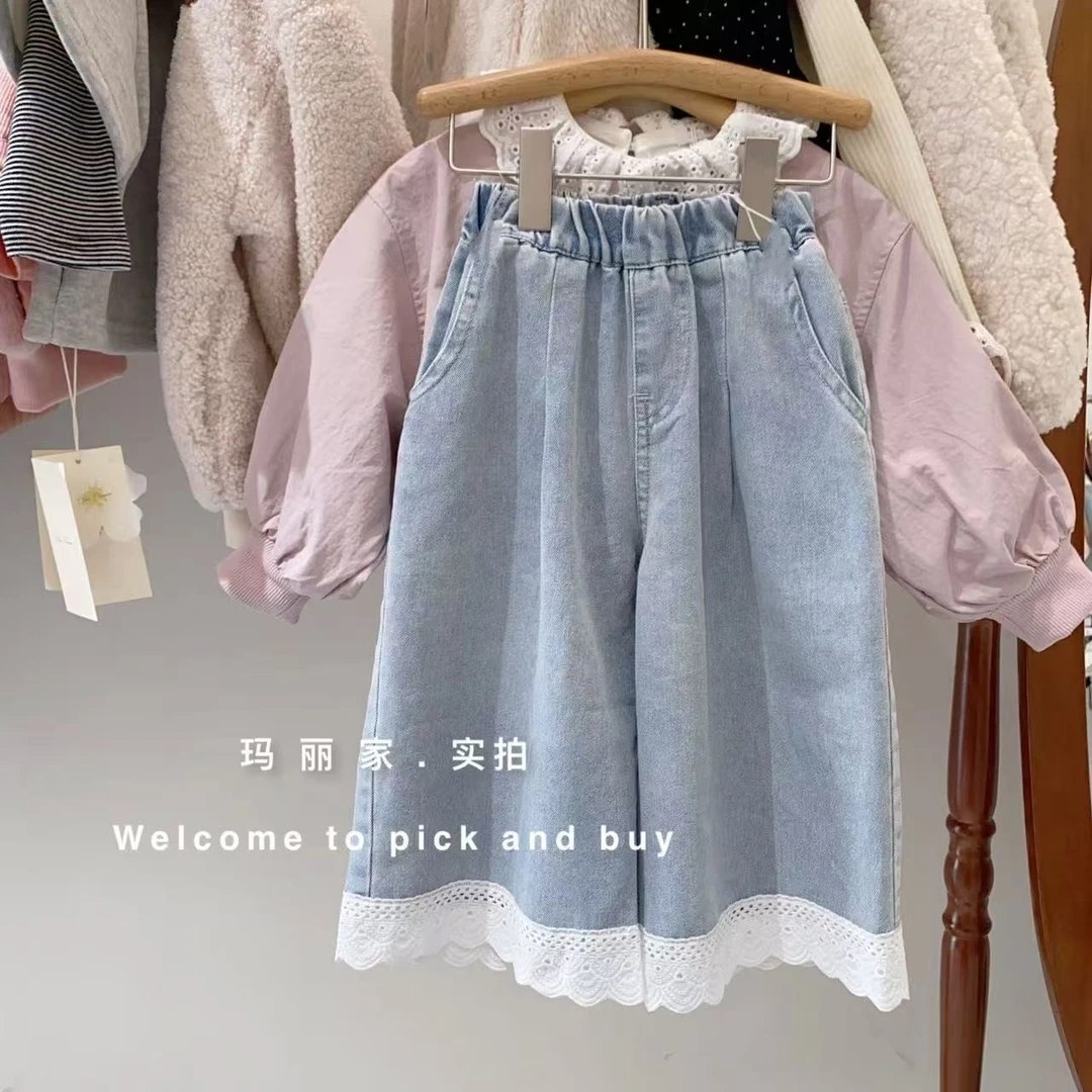 薄软面料春夏都可穿新款韩国女童宽松阔腿牛仔裤花边防蚊裤