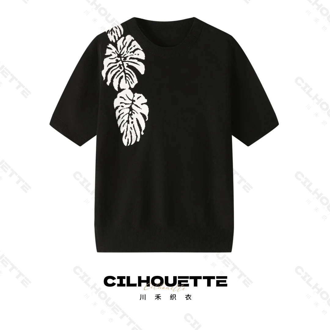 川禾织衣 夏季时尚撞色提花圆领天丝桑蚕丝短袖T恤洋气打底针织衫