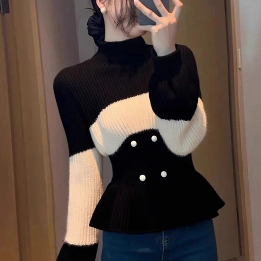 优雅chic黑白撞色高领荷叶边长袖毛衣针织衫女秋冬款休闲软糯小衫
