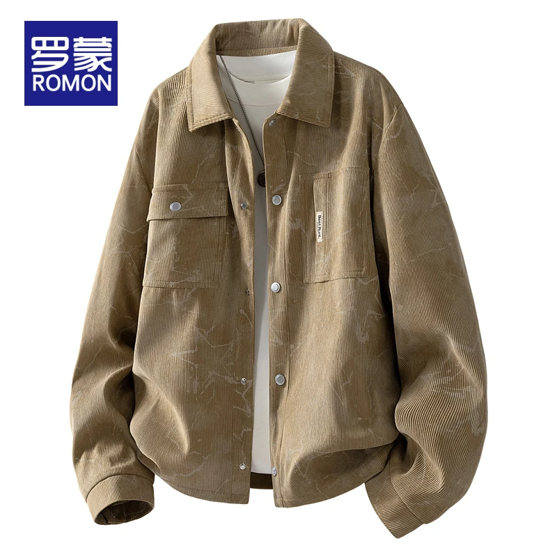 罗蒙男士秋冬季翻领夹克ins潮牌宽松休闲男装时尚印花短款外套男