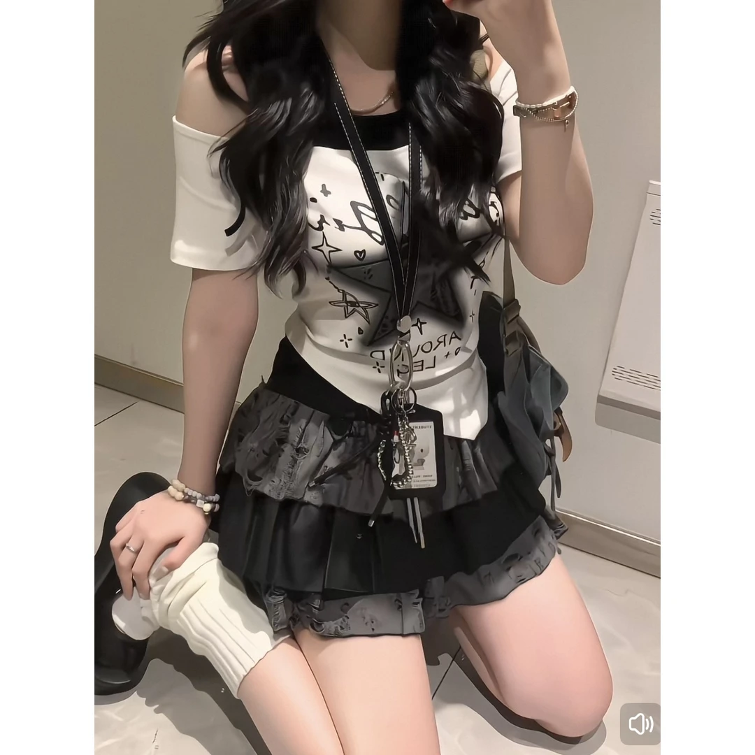 【美式酷辣】假两件辣妹漏肩短袖T恤女夏季y2k修身显瘦套装