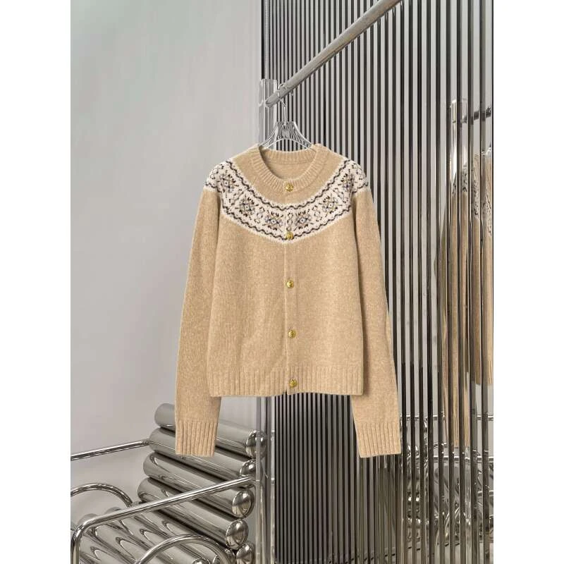 费尔岛提花针织开衫 单排金扣长袖圆领气质开衫