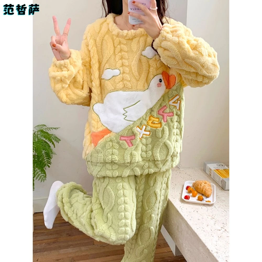 珊瑚绒加绒加厚睡衣女士秋冬季2025新款冬天可爱法兰绒家居服套装