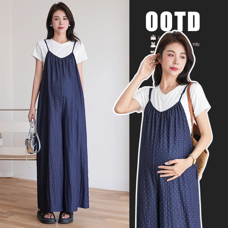 韵十八孕妇装夏季天丝背带裤显瘦套装波点直筒阔腿薄款宽松裙裤