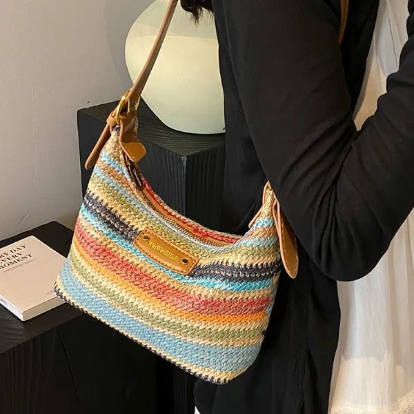 夏季新款草编小包包女2024彩虹编织斜挎包时尚个性沙滩单肩腋下包
