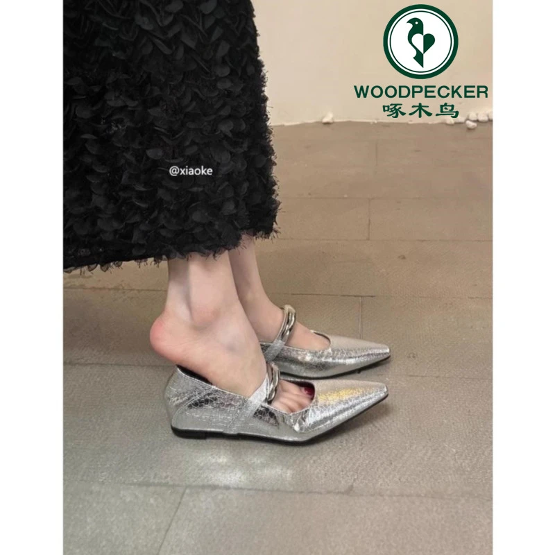 啄木鸟内增高3CM尖头银色单鞋女2025春夏配裙子法式玛丽珍小皮鞋