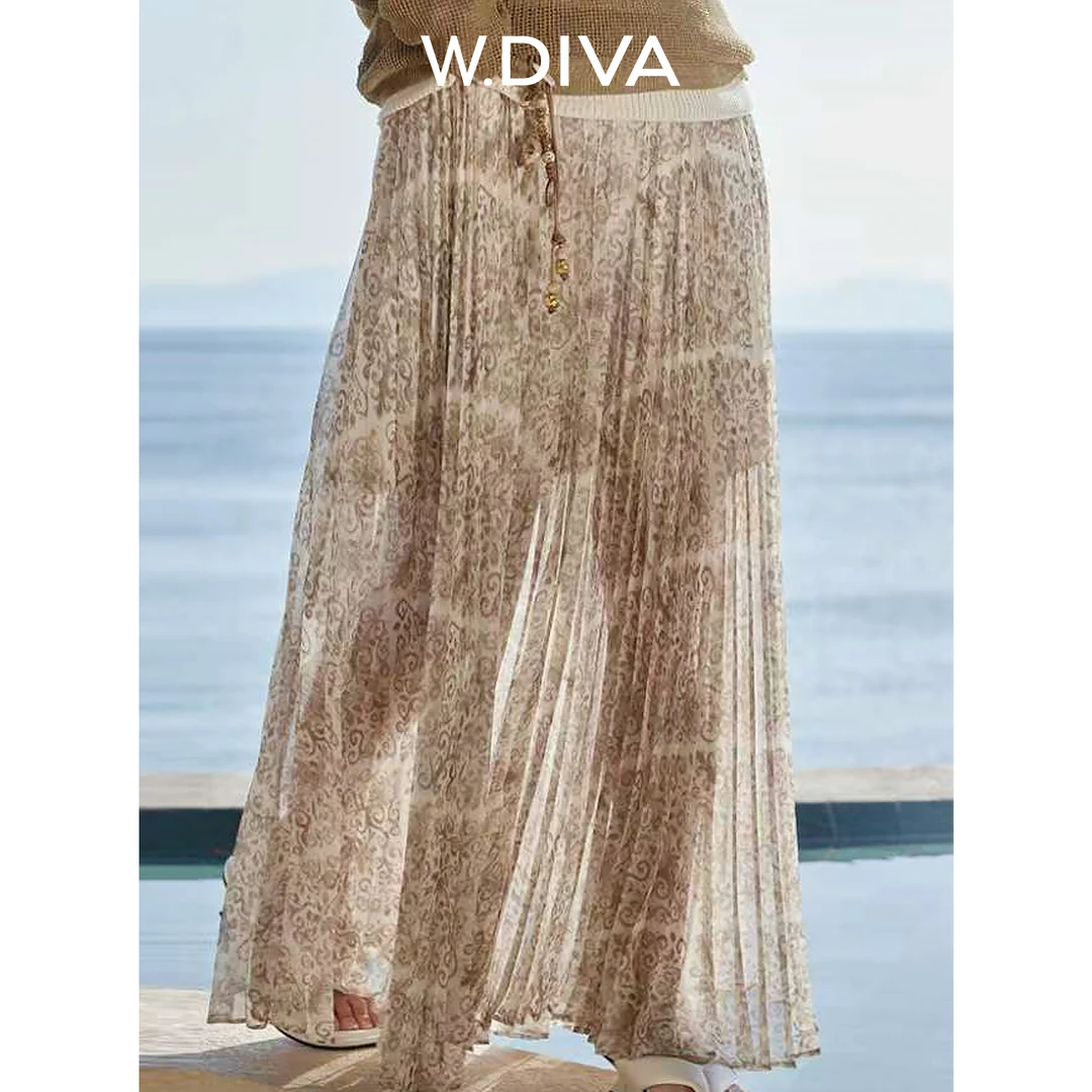 W.Diva【曼舞裙】中式半回形元素压褶松紧腰大摆裙半裙52K082074