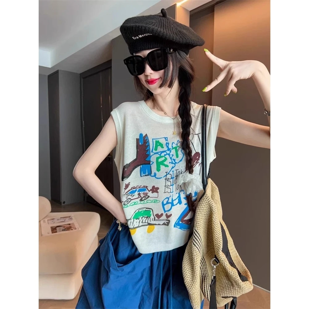 夏季性感甜辣妹涂鸦印花针织吊带背心女设计感小众飞飞短袖薄上衣