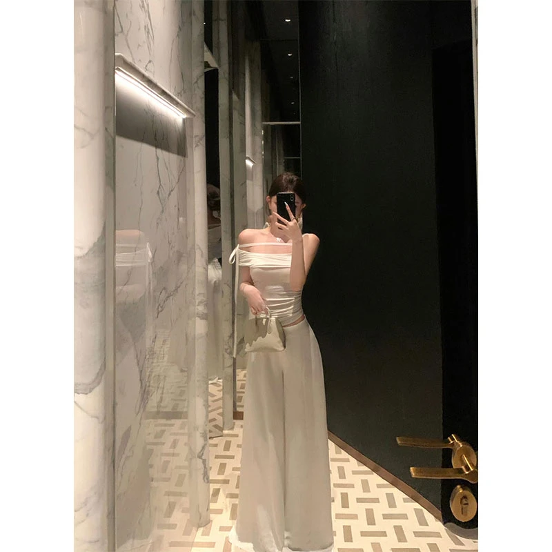 【米兰假日】夏季新款高级感一字肩绑带抹胸上衣配高腰休闲阔腿裤女