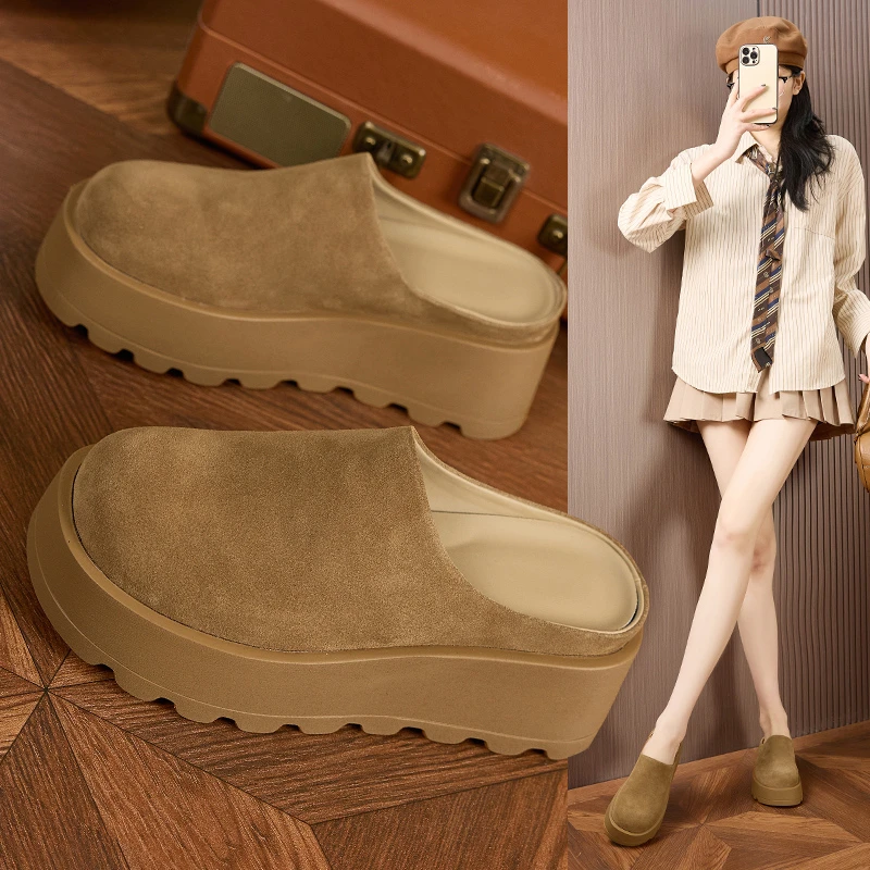 厚底增高勃肯鞋女2025春夏新款松糕底真皮包头拖鞋休闲外穿半拖鞋