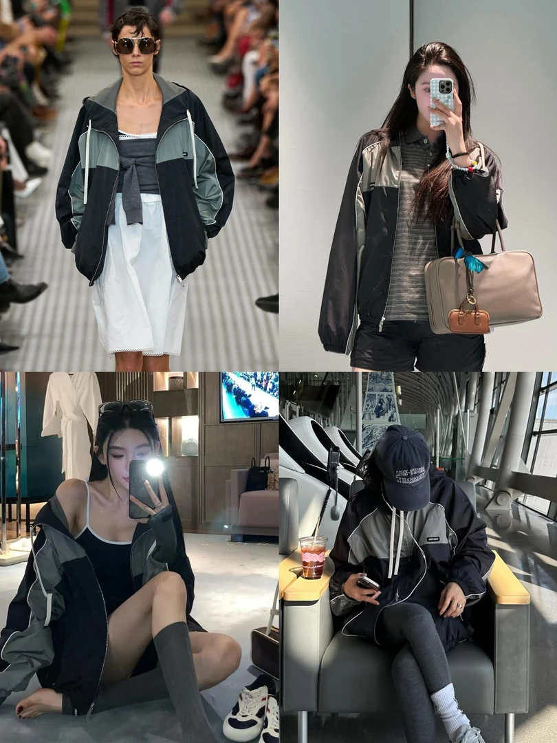 率性无拘束 字母刺绣撞色拼接轻薄防晒连帽拉链夹克外套8319