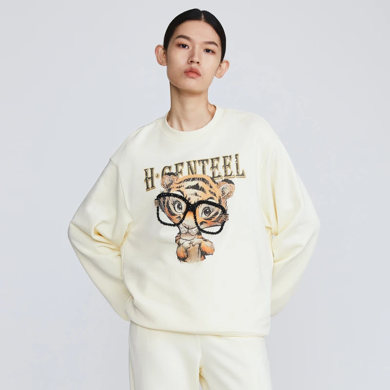 H·GENTEEL荷高春新品卡通老虎印花圆领卫衣上衣GCC11610752