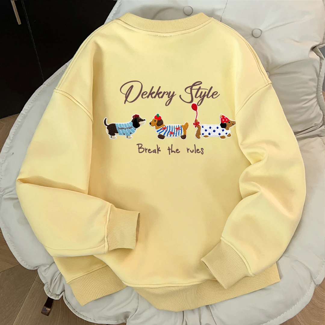 美式秋冬季男女潮流上衣时尚卡通印花加绒加厚奶黄色圆领休闲卫衣