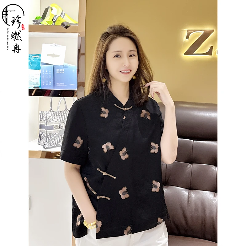 【珍珍优品】【幽蝶栖墨】中式重磅夏季印花时尚百搭国风上衣S-11928