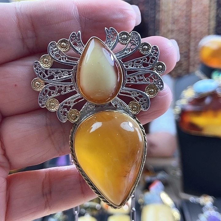 琥珀银S925镶嵌颈饰吊坠