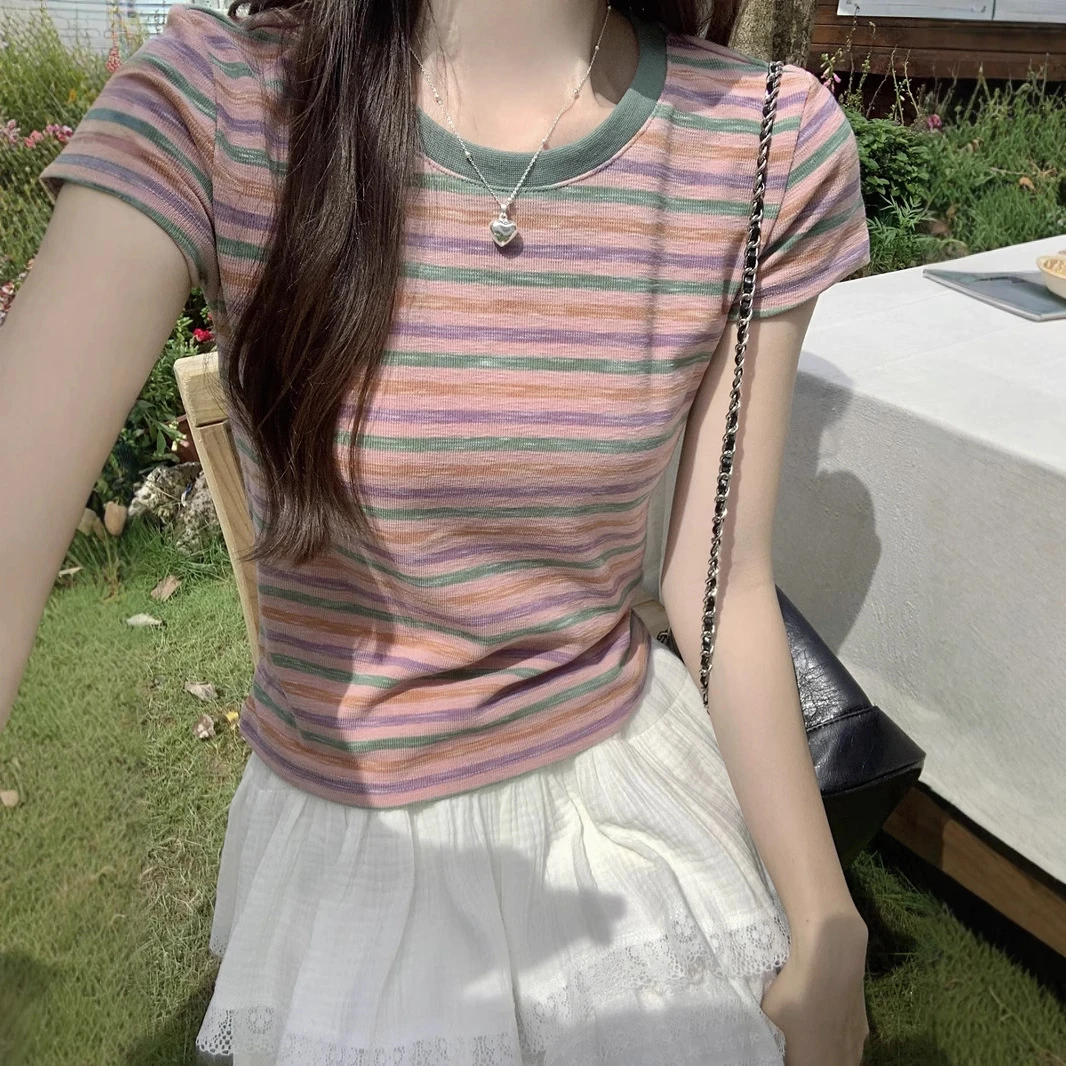 彩虹条纹正肩短袖T恤女2025夏季新款撞色圆领小个子短款bm风上衣
